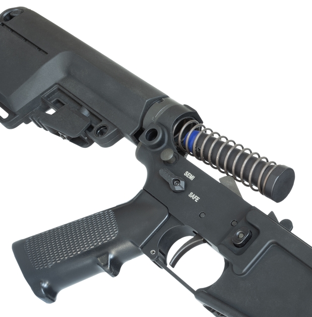 Black rifle lower receiver with exposed buffer spring